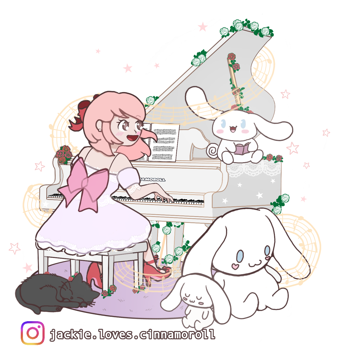 Fan art of me playing piano with Cinnamoroll plushies
